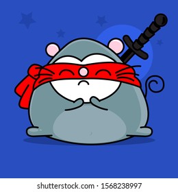 cartoon Mouse in red blindfold and ninja sword on a blue background. doodle style. Vector 