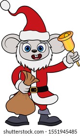 Cartoon mouse in a red Santa Claus costume with a bell and a bag with crawfish in hand. symbol of 2020. isolated on white background vector