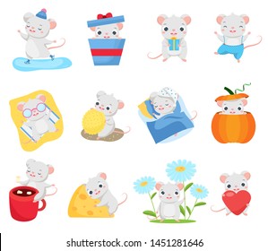 Cartoon mouse set. Cute rats in different poses and situations. Big collection of funny rodent animal for 2020 chinese new year greetings