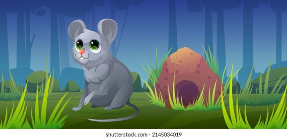 Cartoon Mouse Sit At Burrow In Forest. Funny Wild Rodent Animal And Its Nest At Wildlife Environment. Vector Illustration For Kids Book Or Game, Zoology Children Education, Fauna Character In Nature