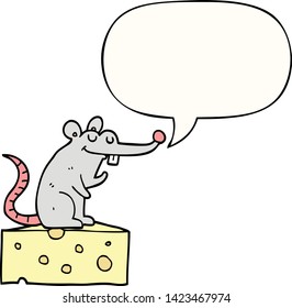 cartoon mouse sitting on cheese with speech bubble