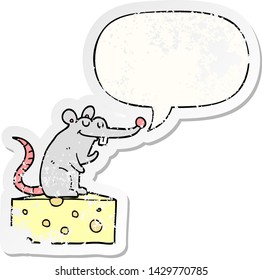 cartoon mouse sitting on cheese with speech bubble distressed distressed old sticker