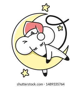 Cartoon mouse sleeping on a cheese moon, yellow stars. Vector  