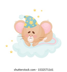 Cartoon mouse sleeping on a cloud. Vector illustration.
