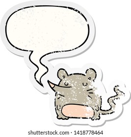 Cartoon-Maus mit Sprachblase bedrückte alte Aufkleber