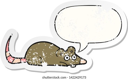 Cartoon-Maus mit Sprachblase bedrückte alte Aufkleber