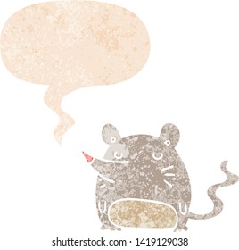 cartoon mouse with speech bubble in grunge distressed retro textured style