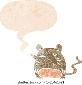 cartoon mouse with speech bubble in grunge distressed retro textured style