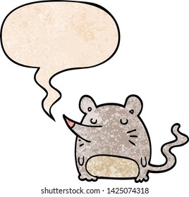 cartoon mouse with speech bubble in retro texture style