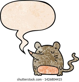 cartoon mouse with speech bubble in retro texture style