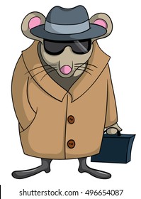 Cartoon mouse spy with coat, briefcase, shades and hat