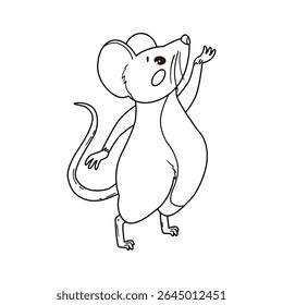 The cartoon mouse stands on his toes and stretches his legs. The mouse has a round body, small ears and a long tail. For drawings and children's coloring. Vector illustration