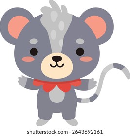 A cartoon mouse stands upright, colored in shades of gray, with a red bowtie and a striped tail. It has a light gray stripe on its head.