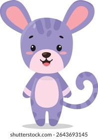 A cartoon mouse stands upright, colored periwinkle with pink accents. It has large ears, a spotted tail, and a cheerful expression.