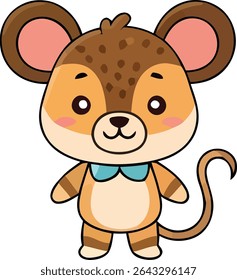 A cartoon mouse stands upright, featuring brown spots on its head and a light blue bow tie. The mouse has a long tail and pink cheeks.