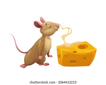 Cartoon mouse and steaming cheese. Cute vector rat character enjoy sniffing large piece or slice of cheese with holes. Isolated comic rodent, funny animal or pet, fairy tale book or game personage