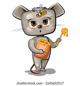 Cartoon Mouse with a sweet tooth eating honey from a little wooden barrel. Afraid of the bee. Funny childish illustrations for print. Illustration in cartoon style.  isolated object on white