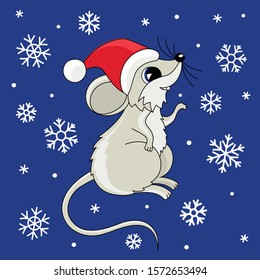 Cartoon mouse symbol of New year 2020. Winter greeting card. Vector illustration.
