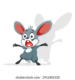 The cartoon mouse is terrified. The little rat shuddered and screamed in fright. Vector illustration of a character isolated on a white background.