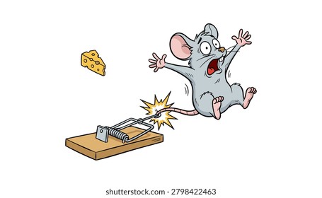 Cartoon mouse trapped in a mouse trap illustration with startled, accident