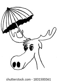 Cartoon mouse with umbrella. Funny pictures for printing, coloring book in autumn motive. Sketch, vector image