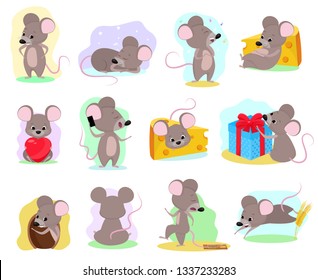 Cartoon mouse vector mousy animal character rodent and funny rat with cheese illustration mousey set of little mice in mousetrap and mouselook in love illustration set isolated on white background