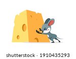 The cartoon mouse wants to steal the cheese and struggles to push the big heavy cheese. Vector illustration isolated on white background.