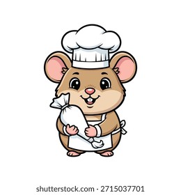 Un ratón de dibujos animados con un sombrero de chef y delantal sosteniendo una bolsa de harina