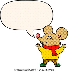 cartoon mouse wearing scarf with speech bubble in comic book style