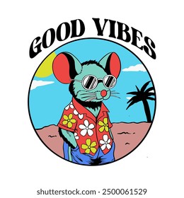 Cartoon mouse wearing sunglasses and hawaiian shirt enjoying summer vacation