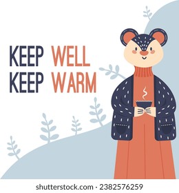 cartoon mouse with winter clothes .winter postcard. celebration postcard.mouse postcard