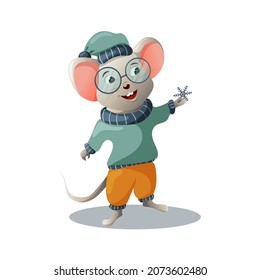 Ratón de caricatura en invierno con un suéter cálido, sombrero y copo de nieve. Ilustración plana aislada en fondo blanco