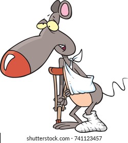 cartoon mouse/rat that is walking on a crutch with a broken leg and arm