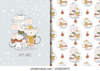 Cartoon mouses family illustration Kids card template and seamless background pattern. Hand drawn cartoon tee print design vector illustration.