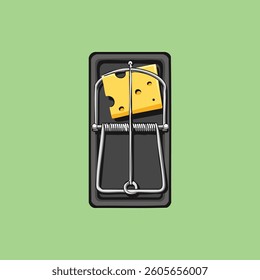 Cartoon mousetrap with cheese, set. On green background. Simple illustrative style