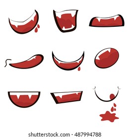 Cartoon Mouth Collection. Set Of Halloween Vampire Mouths With Fangs. Vector Illustration.