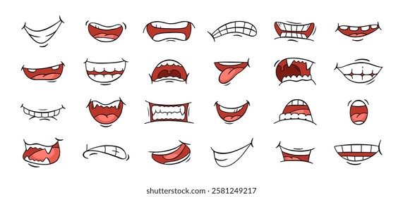 Cartoon mouth with different face expression, laugh anger and scary emotion pop art sketch. Vector hand drawn funny mouths isolated collection