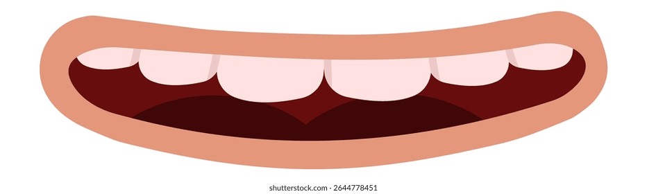 Cartoon mouth displaying bright white teeth and pink gums, widely smiling and radiating happiness, isolated against a clean white background for a cheerful and joyful vibe