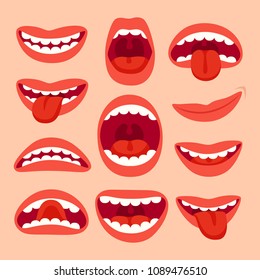 Cartoon Mouth Elements Collection. Show Tongue, Smile With Teeth, Expressive Emotions, Smiling, Shouting Mouths And Phonemes Vector Set Isolated