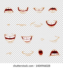 Cartoon mouth emotions - joy, sadness, hurt, shock, joy, inspiration on imitation transparent background