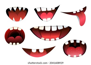 La caricatura habla de monstruos y criaturas sonriendo, molestos y gritando con lengua. Colección de pegatinas bucales aisladas de diferente humor. Caricatura vectorial para niños.