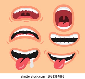 Cartoon mouth expressions facial gestures. Smile with teeth, tongue sticking out. Funny set