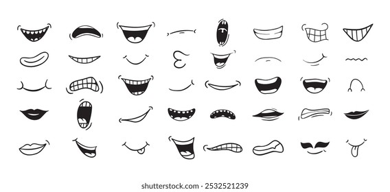 Boca de desenhos animados feliz, sorriso, triste, conjunto de rabiscos de expressão irritada. Boca desenhada à mão, ícone de caricatura da língua. Engraçado coleção de boca cômica. Ilustração vetorial