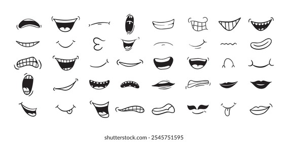 Boca de desenhos animados feliz, sorriso, triste, conjunto de rabiscos de expressão irritada. Boca desenhada à mão, ícone de caricatura da língua. Engraçado coleção de boca cômica. Ilustração vetorial