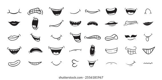 Cartoon mouth happy, smile, sad, angry expression doodle set. Hand drawn mouth, tongue caricature icon. Funny comic mouth collection . Vector illustration