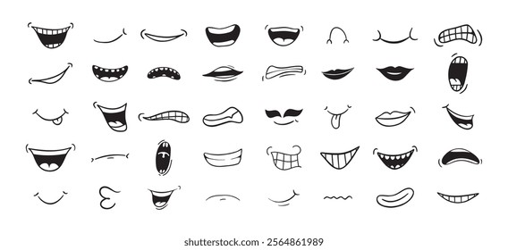 Cartoon mouth happy, smile, sad, angry expression doodle set. Hand drawn mouth, tongue caricature icon. Funny comic mouth collection . Vector illustration