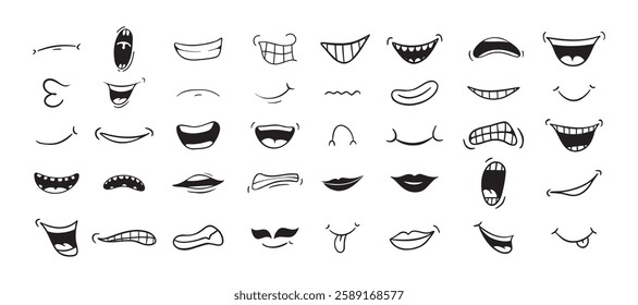 Cartoon mouth happy, smile, sad, angry expression doodle set. Hand drawn mouth, tongue caricature icon. Funny comic mouth collection . Vector illustration