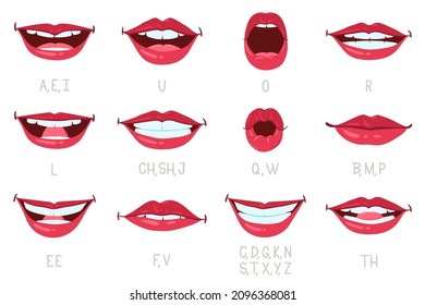 Cartoon Mouth And Lips Expressions, Articulate And Sound Pronunciation. Human Mouths With Different Expressions Vector Illustration Set. Language Sounds Pronunciation. Teaching Tongue And Lip Position