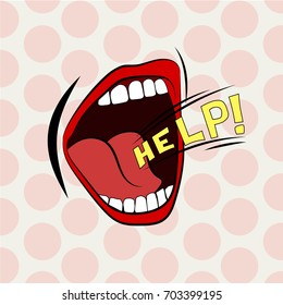 Cartoon mouth loud help. Stylish colored design. Scream, shout cry