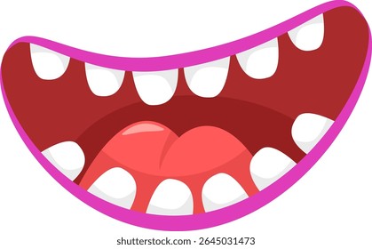 Boca de desenho animado com lábios cor-de-rosa, dentes brancos e língua vermelha, gritando, gritando, surpreso ou cantando, ilustração isolada sobre fundo branco